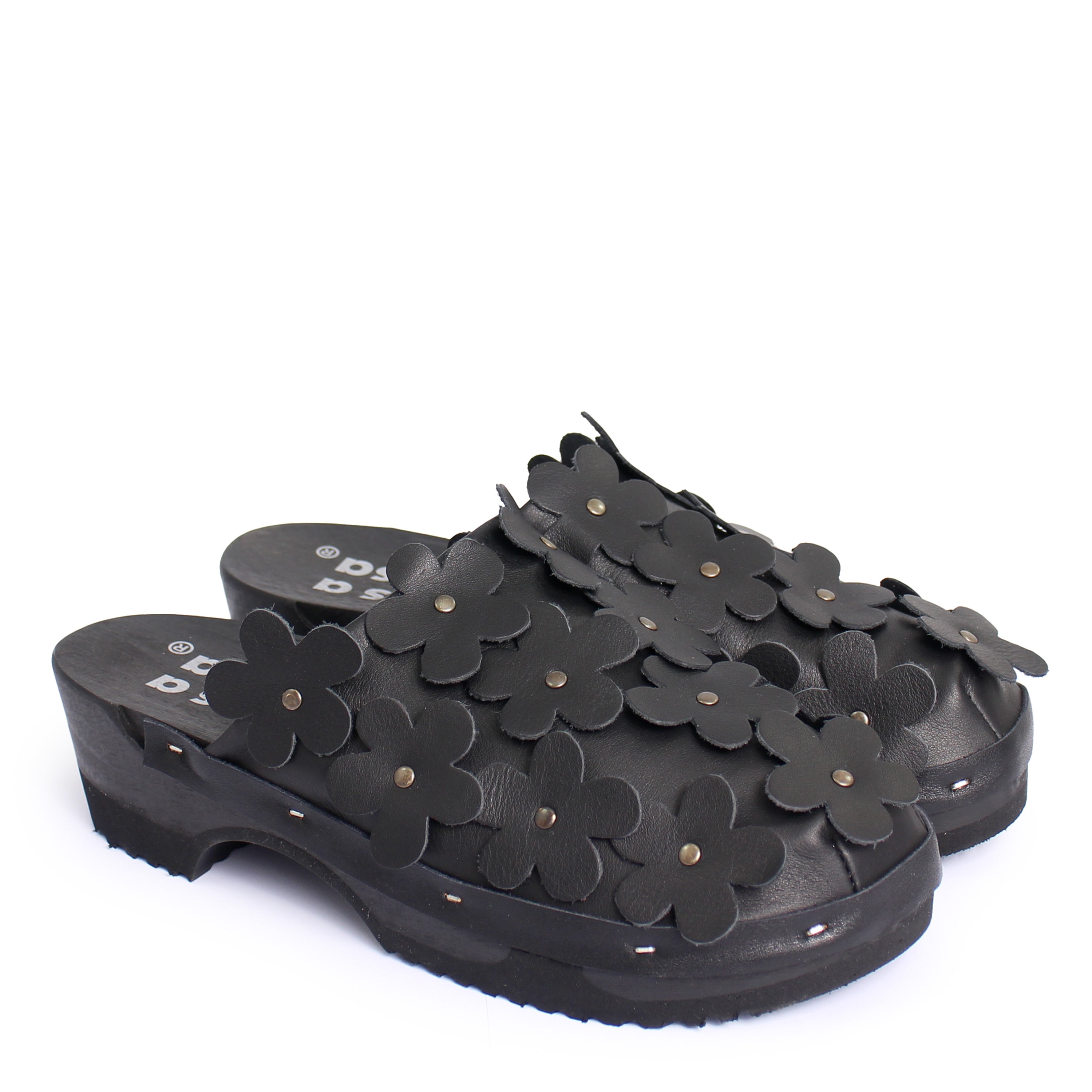 PANTO FIORE + Leather Clog Shoes + All Black