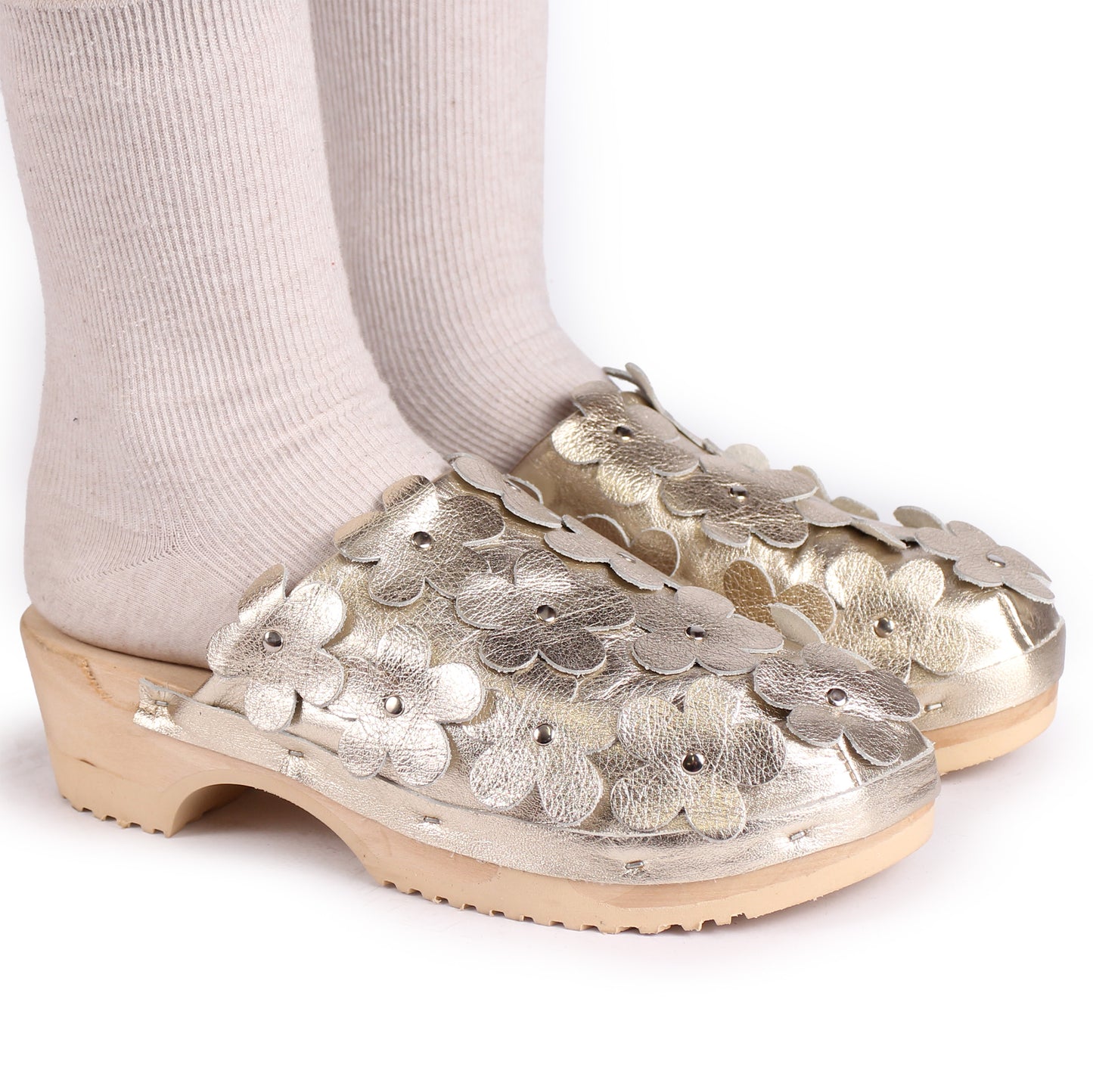 PANTO FIORE METALLIC + Leather Clog Shoes + Champagne