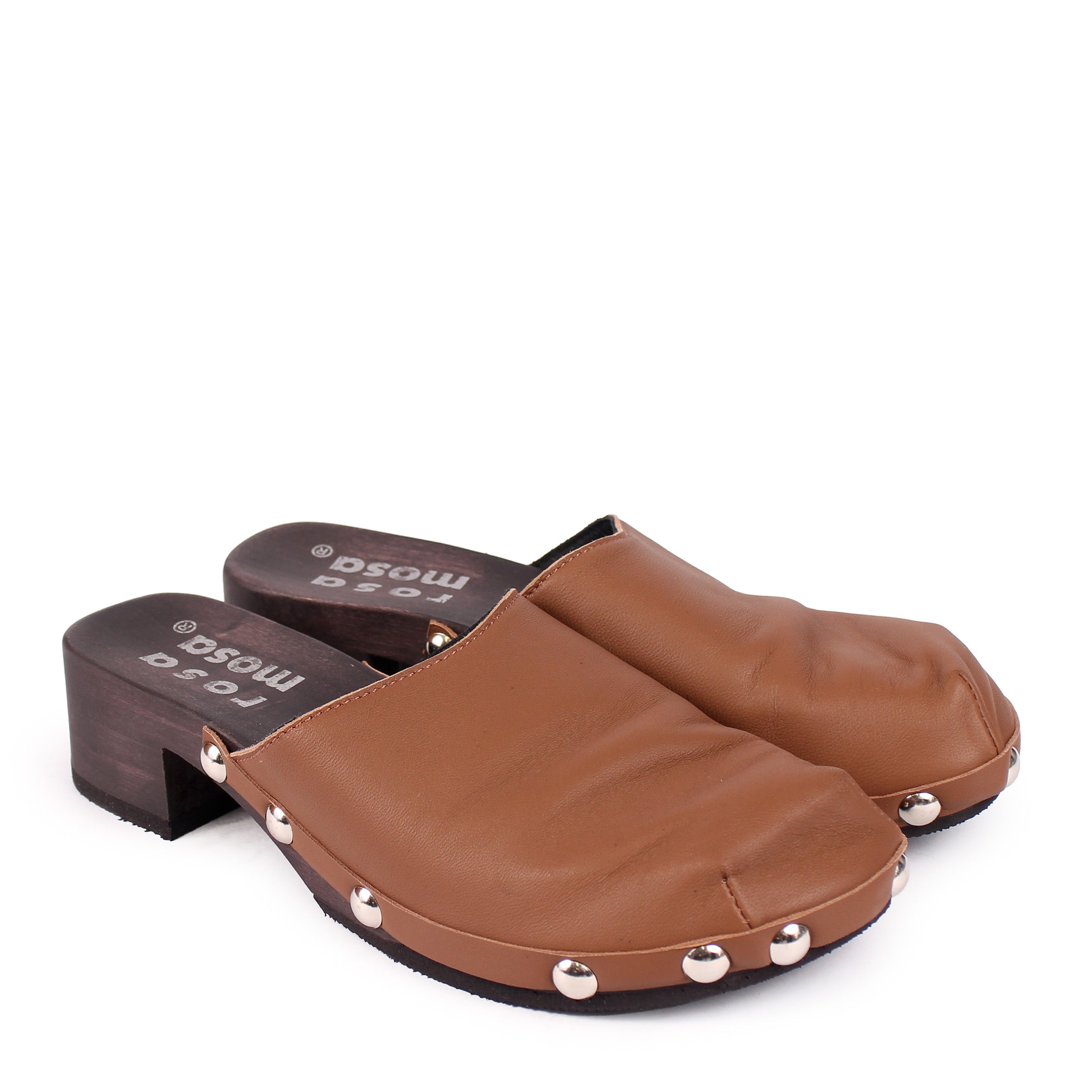 ROCCO GEO STUD + Leather Dark Clog Shoes + Tabacco