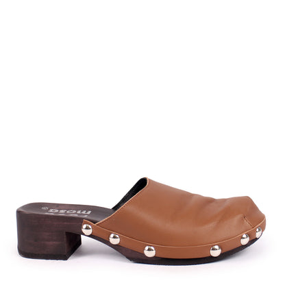 ROCCO GEO STUD + Leather Dark Clog Shoes + Tabacco