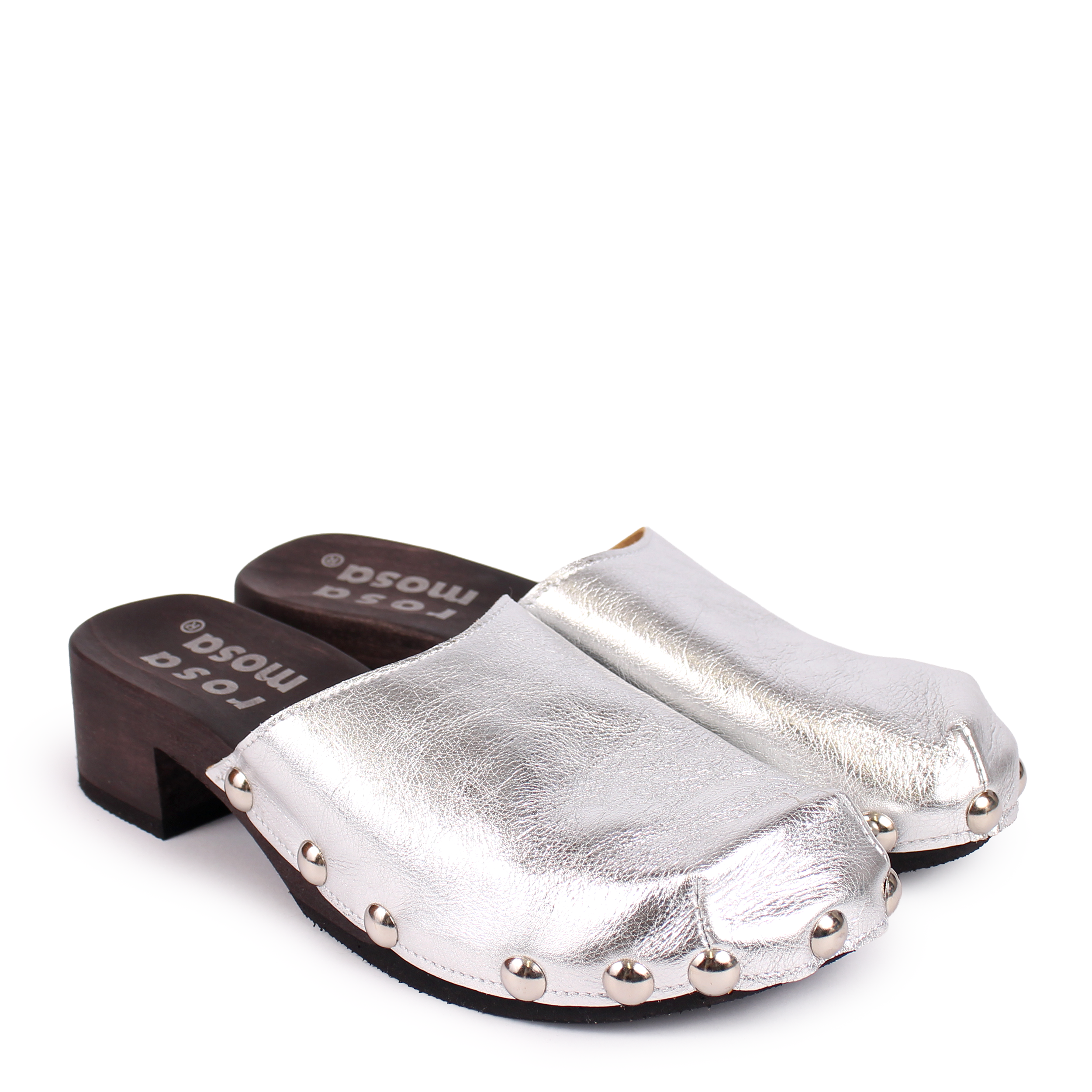 ROCCO GEO STUD + Metallic Leather Dark Clog Shoes + Silver