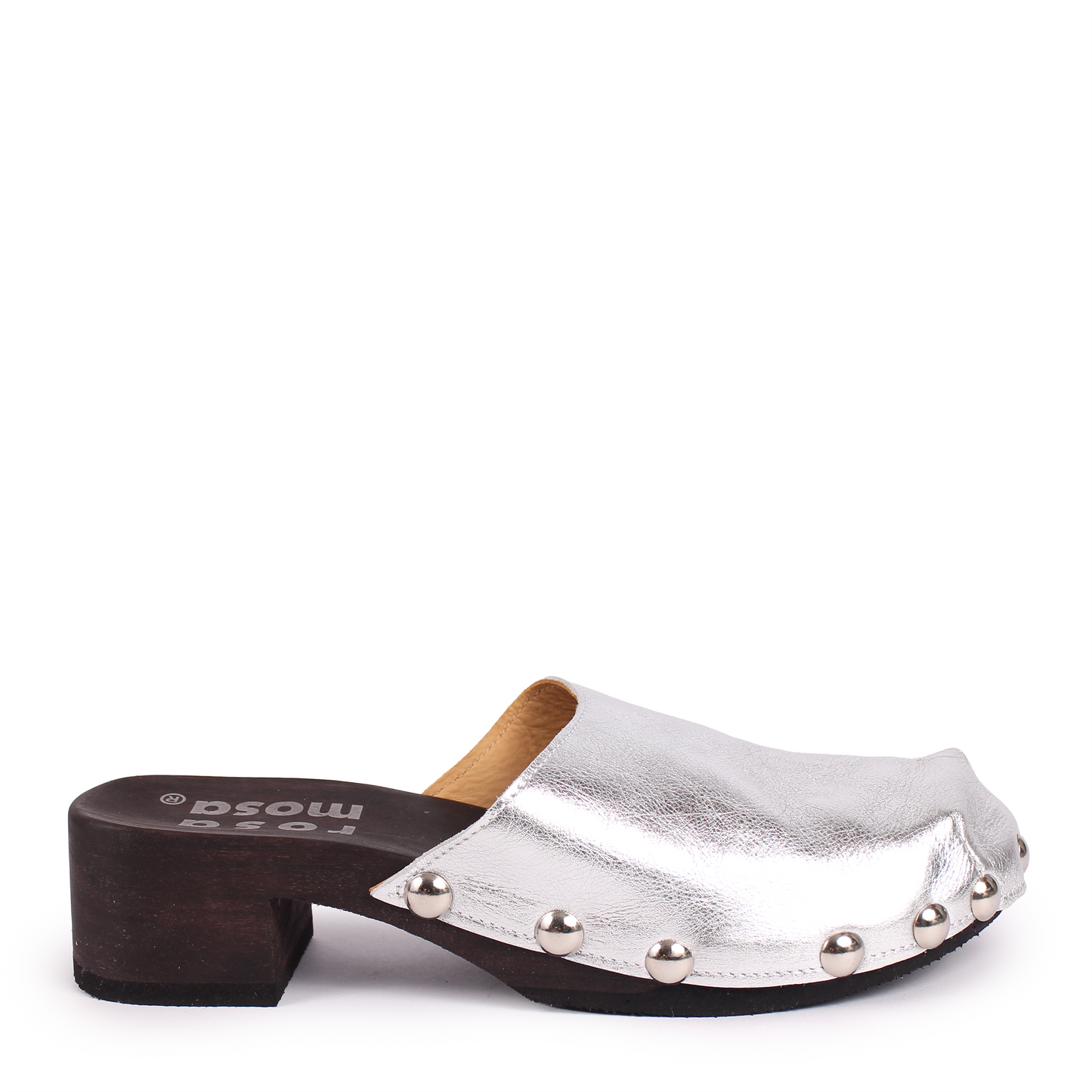 ROCCO GEO STUD + Metallic Leather Dark Clog Shoes + Silver