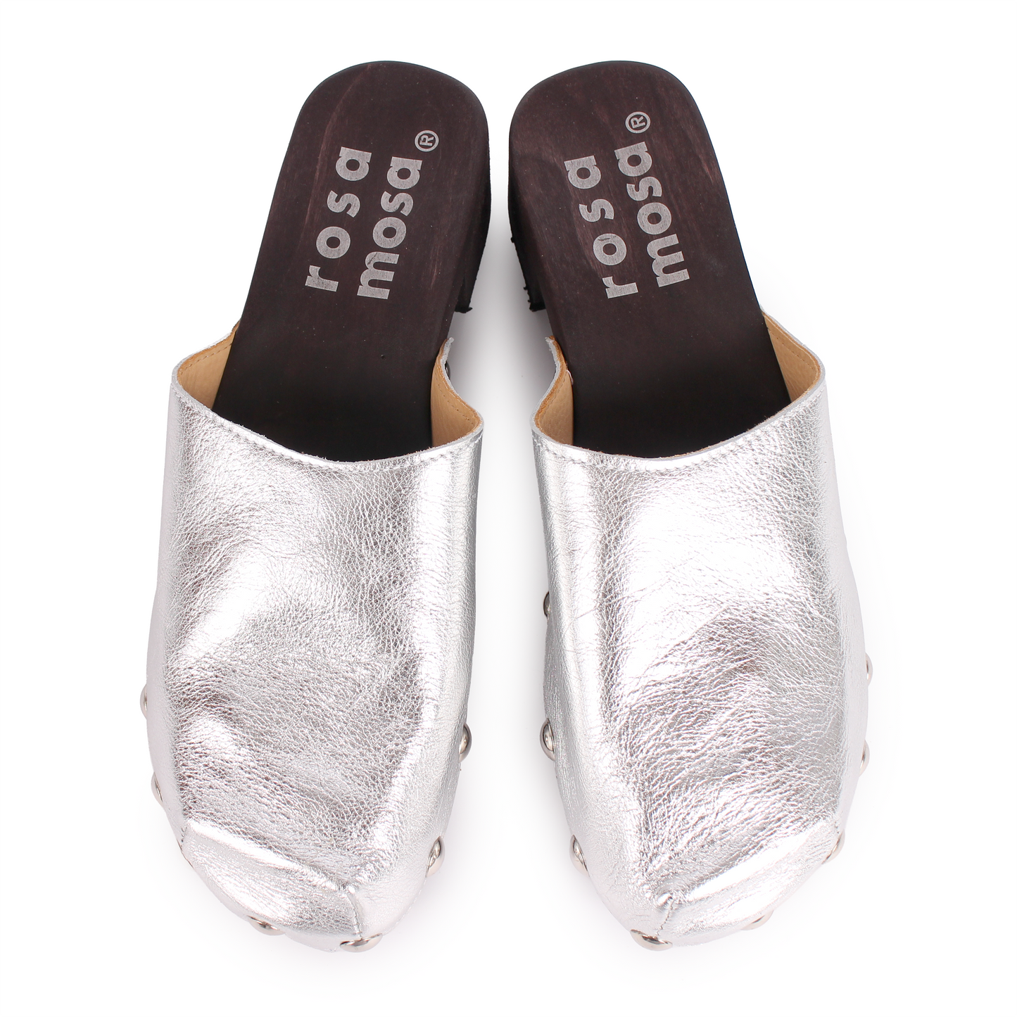 ROCCO GEO STUD + Metallic Leather Dark Clog Shoes + Silver