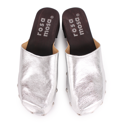 ROCCO GEO STUD + Metallic Leather Dark Clog Shoes + Silver