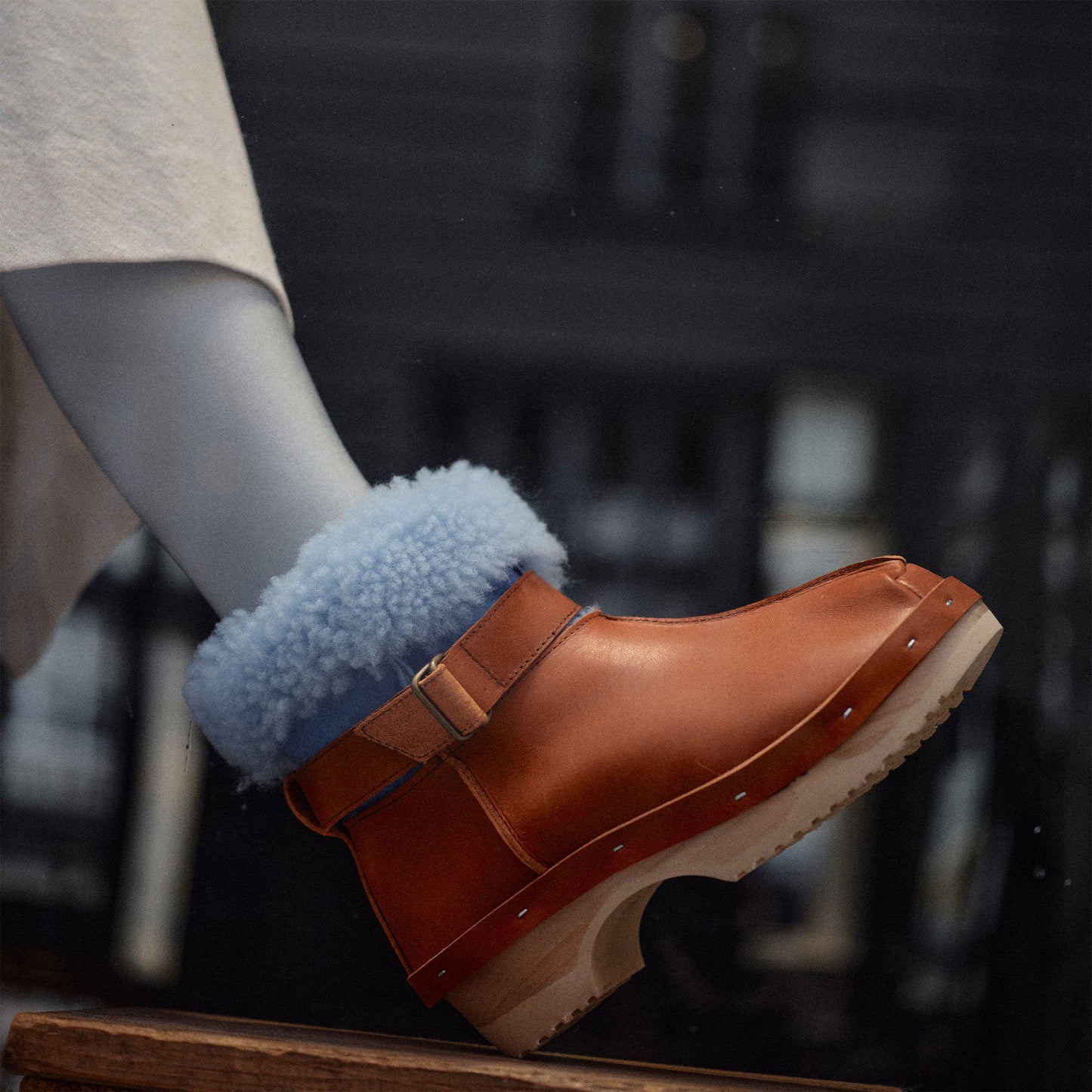 OLGA BOOTS + Leather Shearling Clog Boots + Fieno Ice Blue