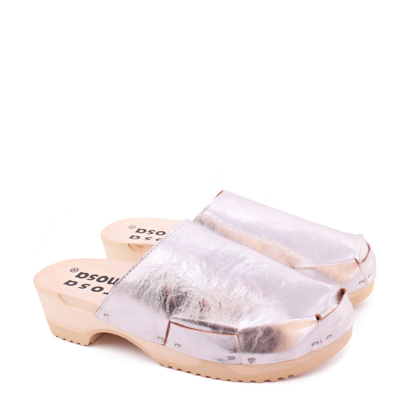 rosamosa donau simple silver leather natural wooden clog