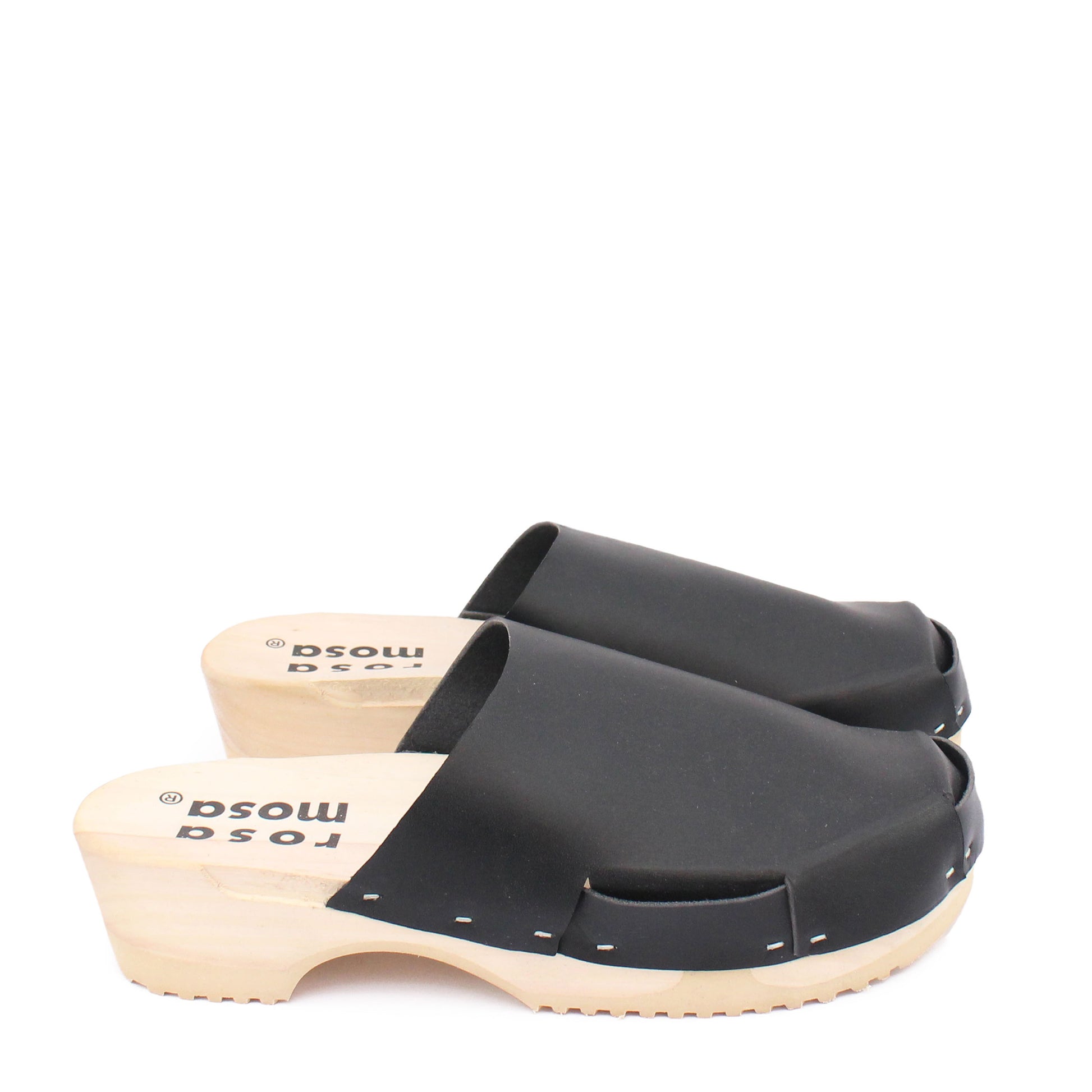 rosamosa donau simple black leather natural wooden clog