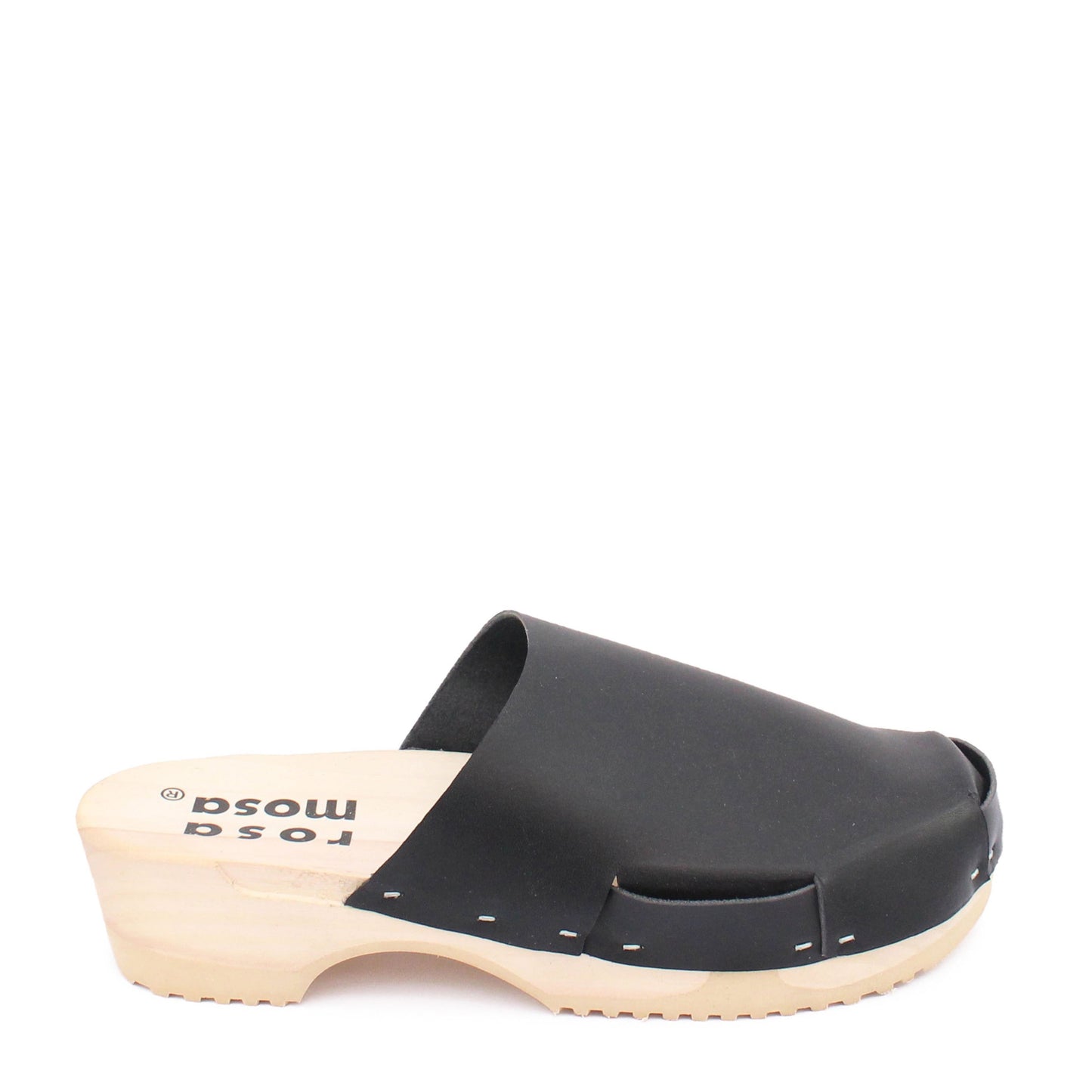 rosamosa donau simple black leather natural wooden clog