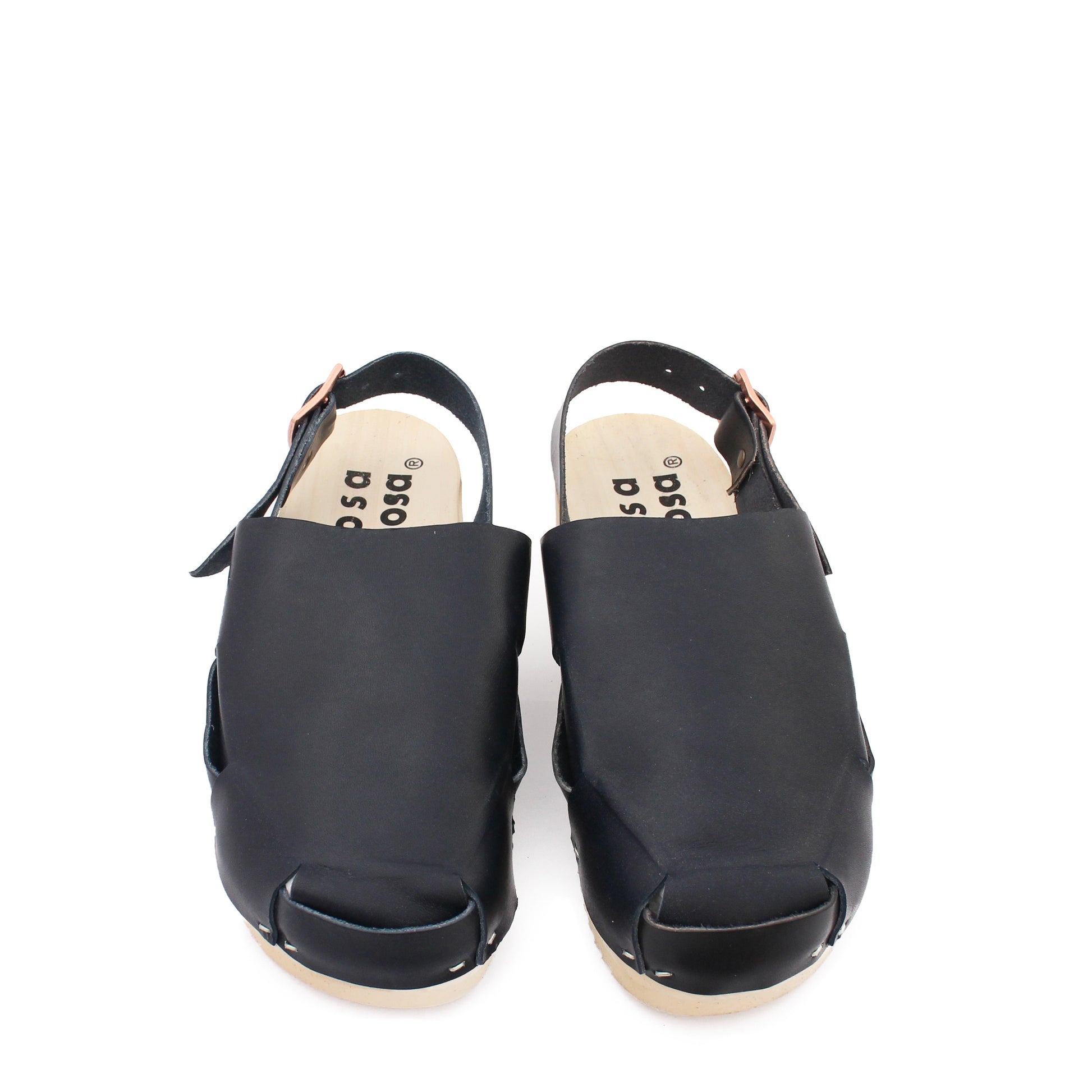 rosamosa donau simple buckle strap black leather natural wooden clog