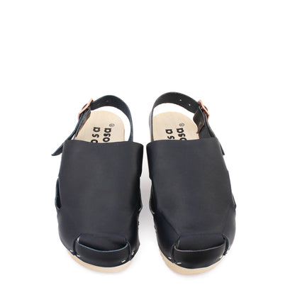rosamosa donau simple buckle strap black leather natural wooden clog