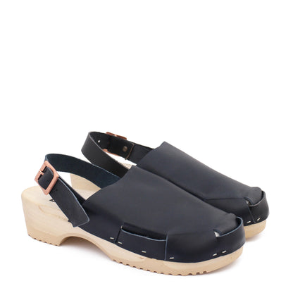 rosamosa donau simple buckle strap black leather natural wooden clog