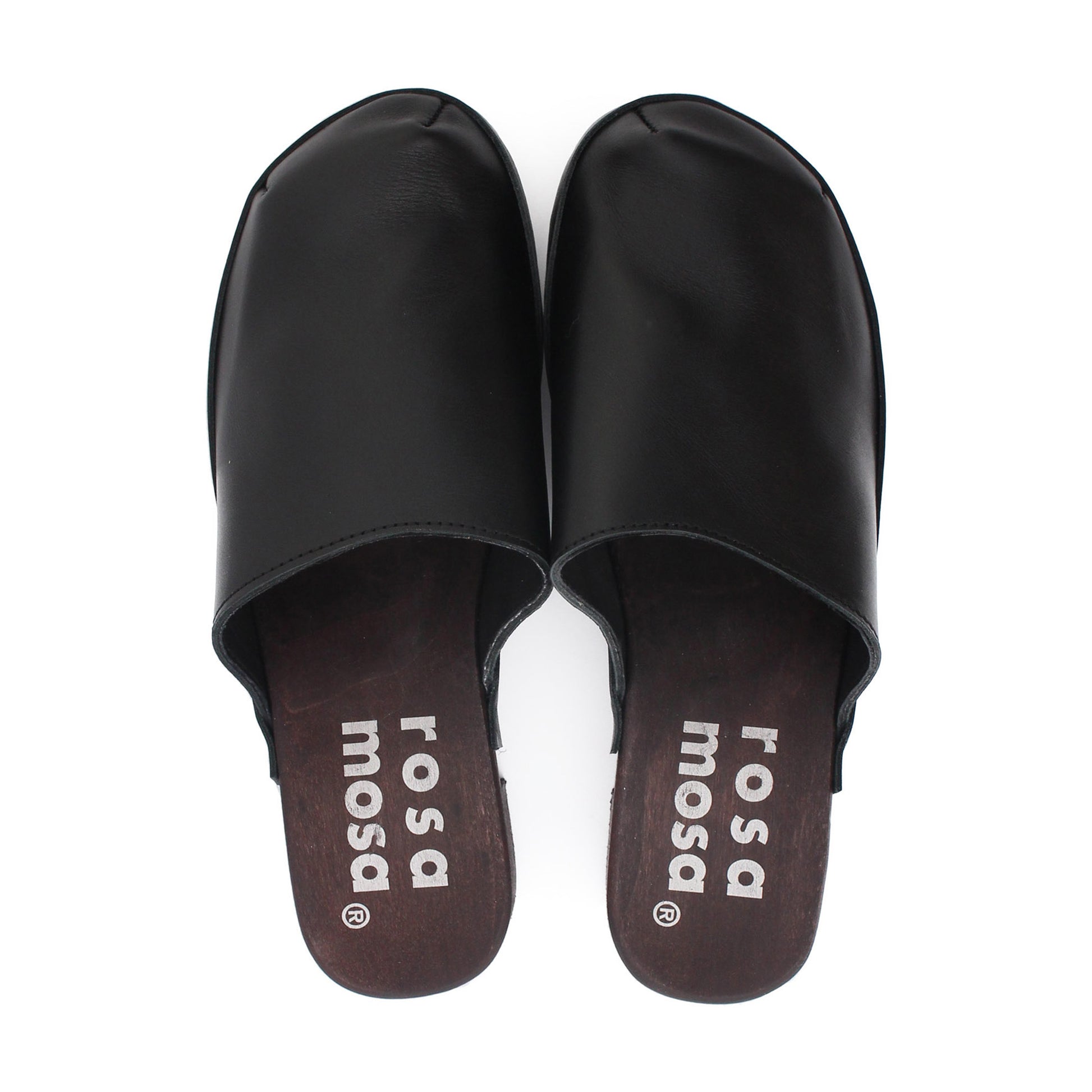 rosamosa rocco black leather dark wooden clog