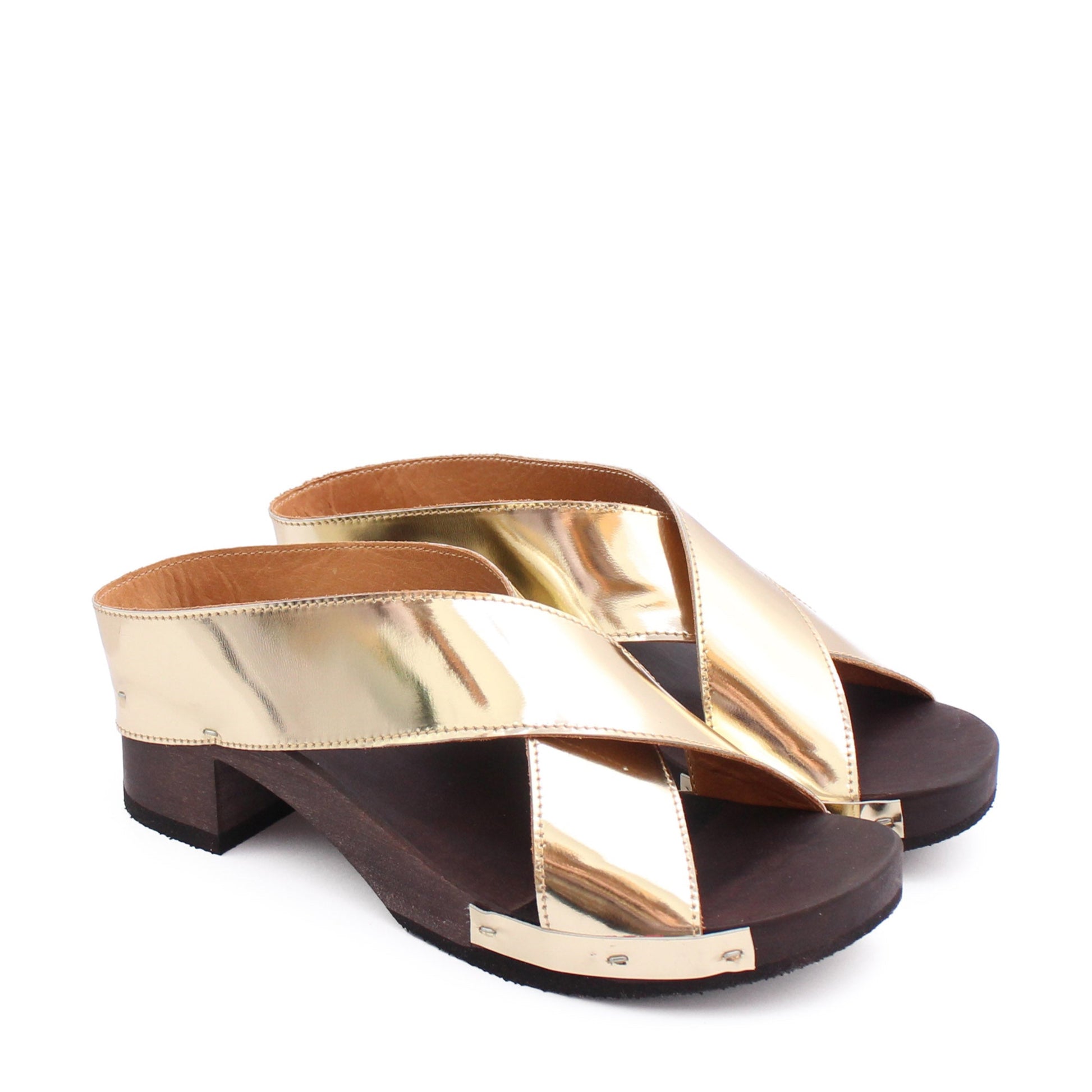 rosamosa rocco japanese x-form specchio metallic leather dark wooden clog