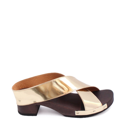 rosamosa rocco japanese x-form specchio metallic leather dark wooden clog