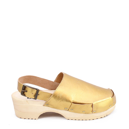 DONAU STRAP Metallic + Leather Strap Clogs + Gold