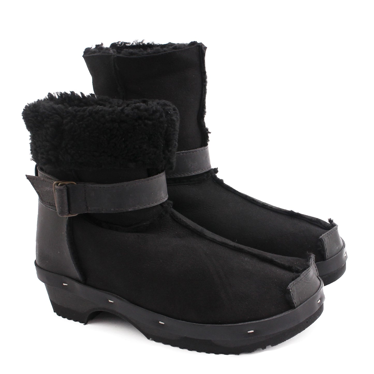 OLGA BOOTS + Leather Shearling Dark Clog Boots + All Black