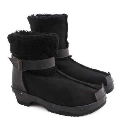 OLGA BOOTS + Leather Shearling Dark Clog Boots + All Black