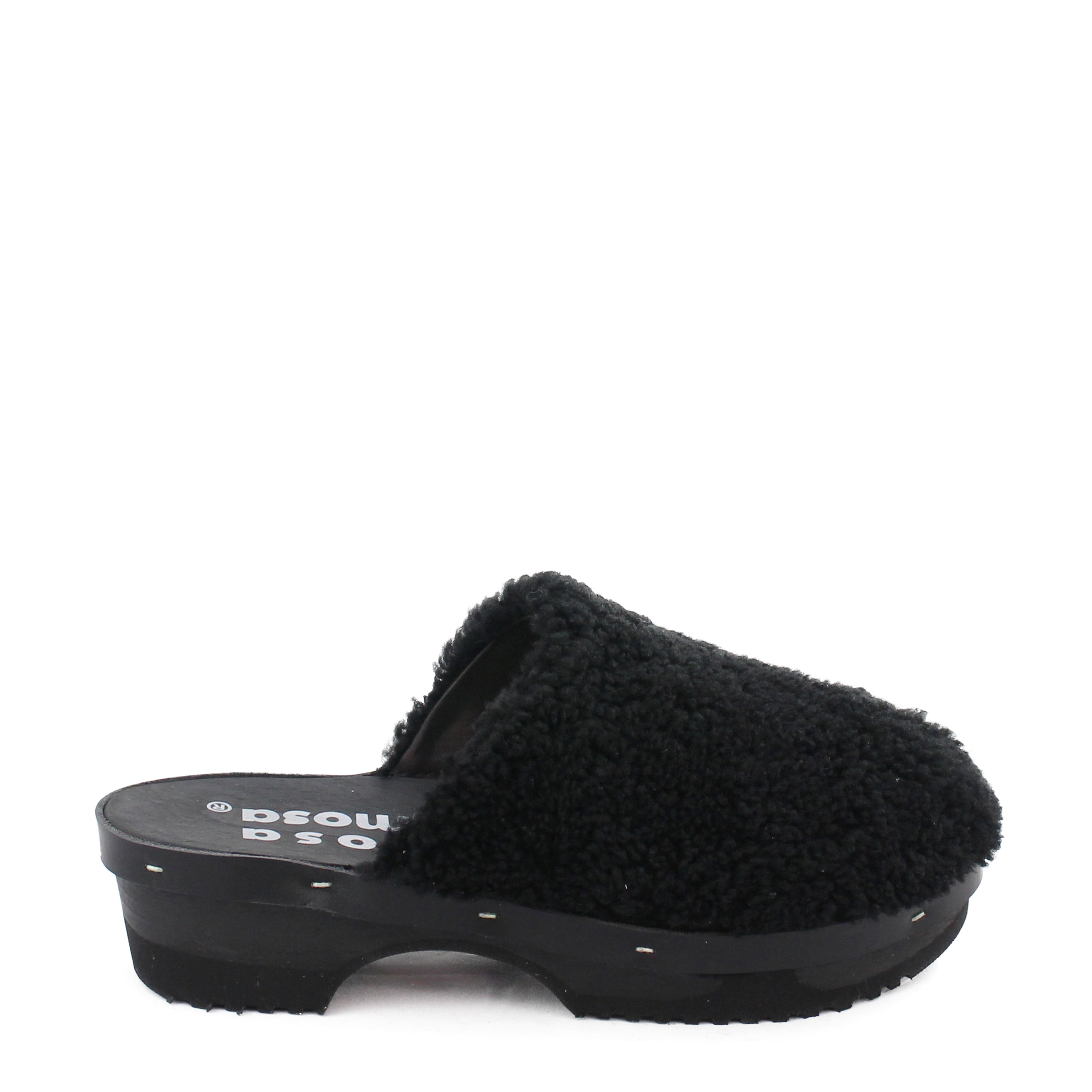 PANTO CURLY + Shearling Dark Clog Shoes + All Black