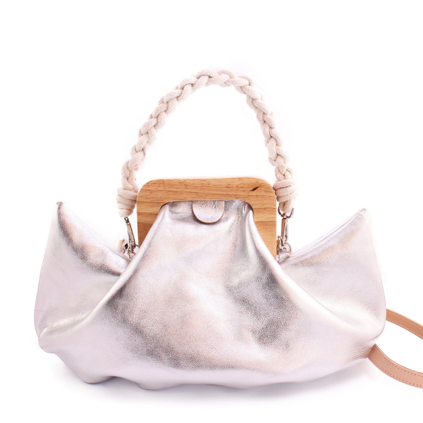 HALFMOON BAG Metallic + Leather Hand Bag + Silver