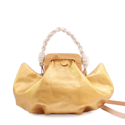 HALFMOON BAG Metallic + Leather Hand Bag + Gold