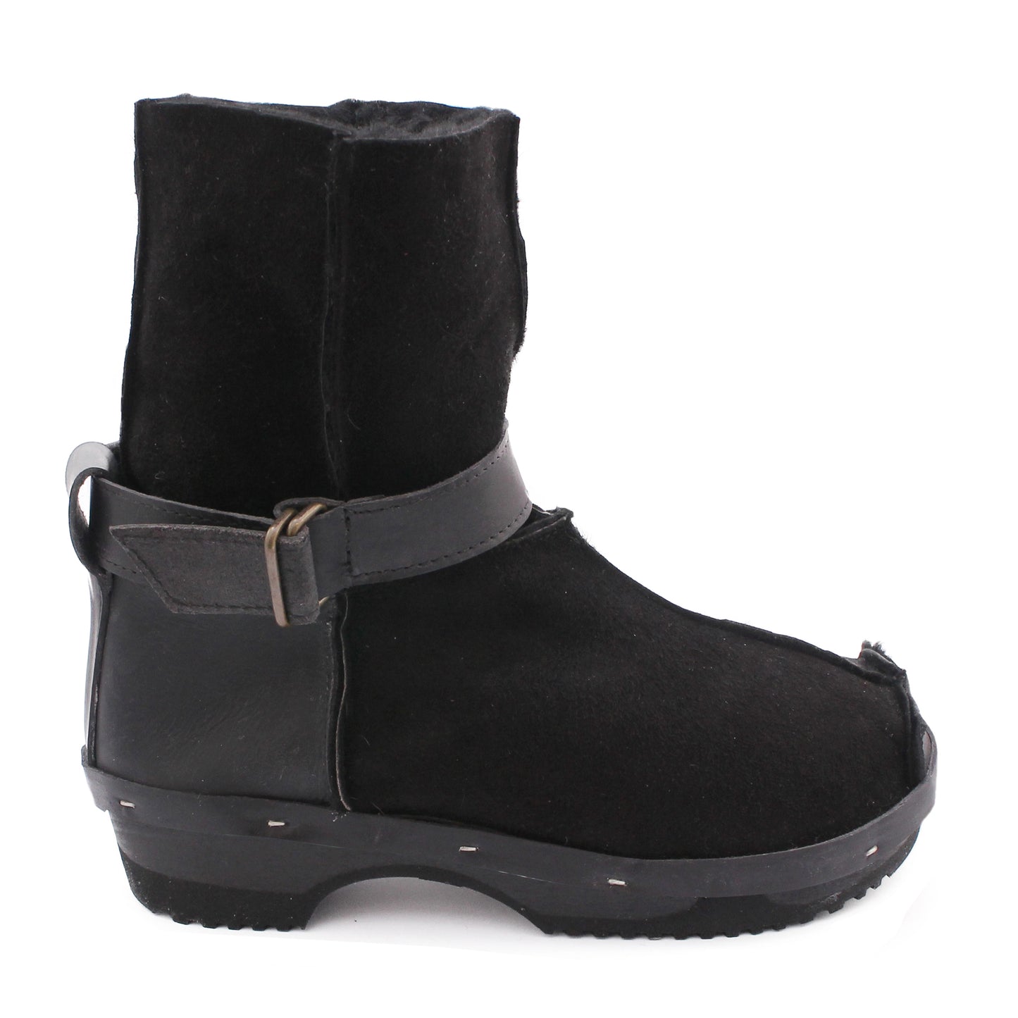 OLGA BOOTS + Leather Shearling Dark Clog Boots + All Black
