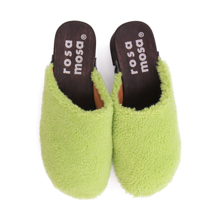 ROCCO CURLY + Shearling Dark Clogs + Lime