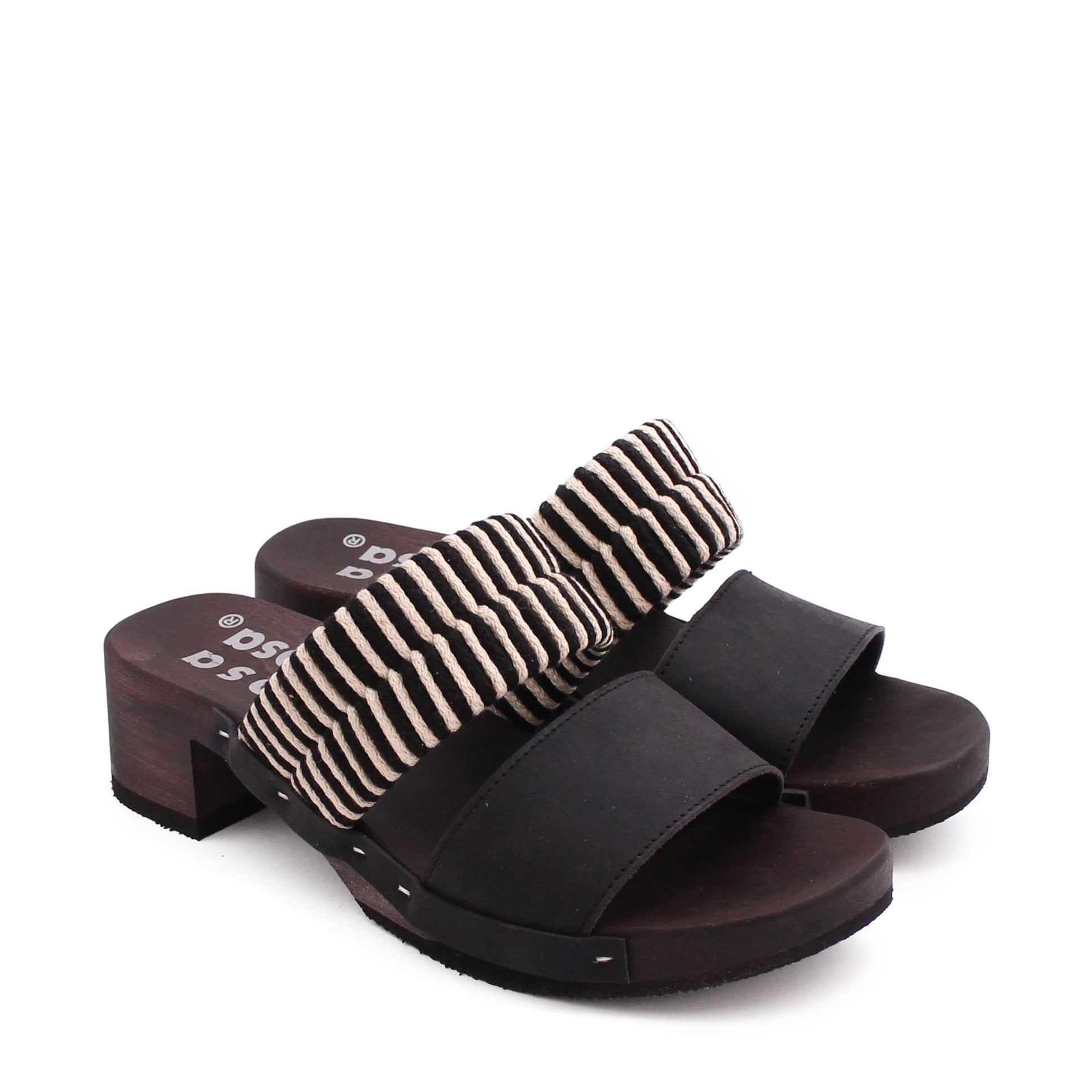 ROCCO KNOT + Cotton Leather Dark Clog Sandals + Black Natural