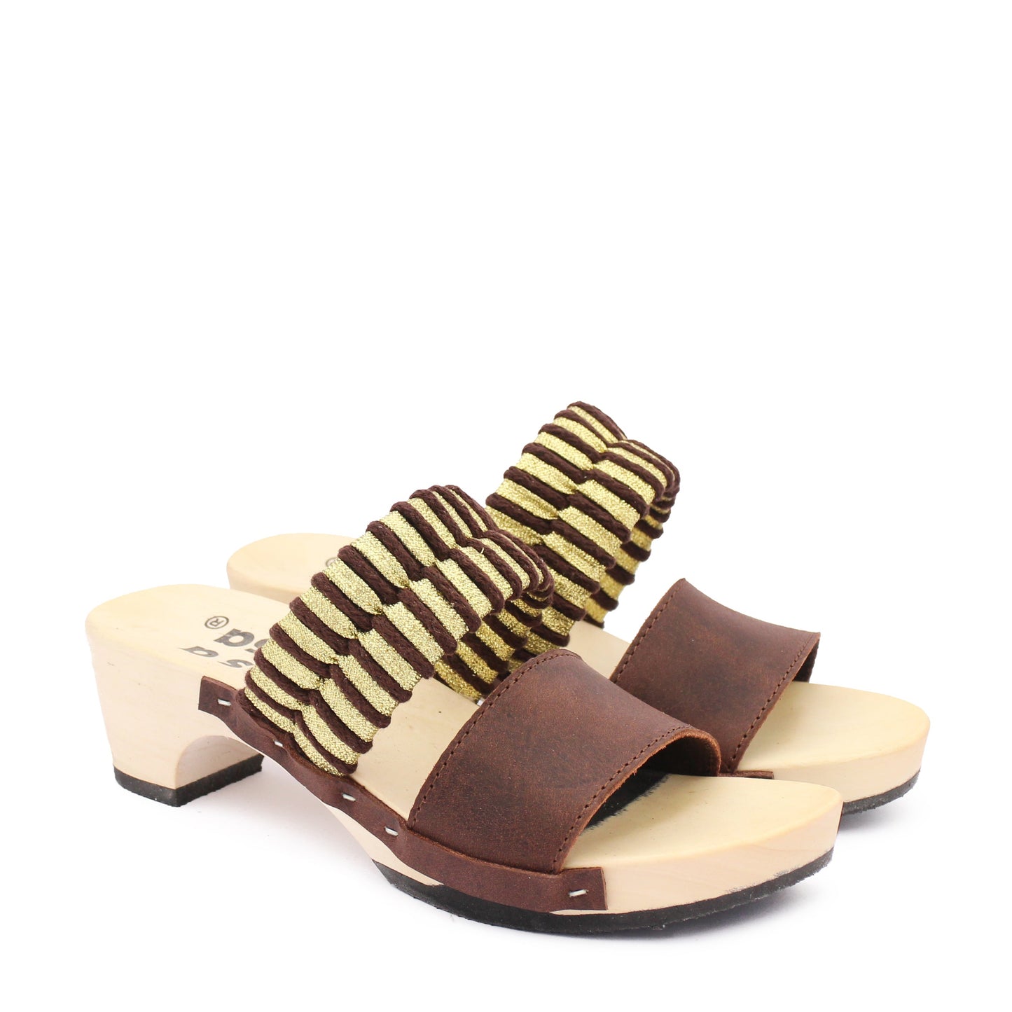 MAGO KNOT + Cotton Leather Clog Sandals + Coffee / Gold